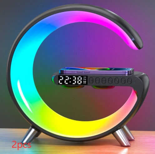 G-Shaped LED Lamp with Bluetooth Speaker & Wireless Charger, App-Controlled Ambient Light