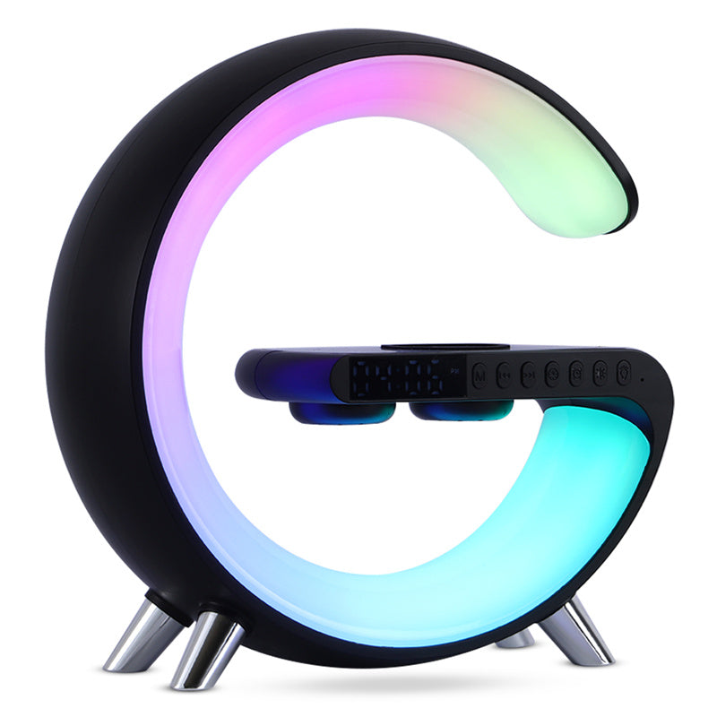 G-Shaped LED Lamp with Bluetooth Speaker & Wireless Charger, App-Controlled Ambient Light