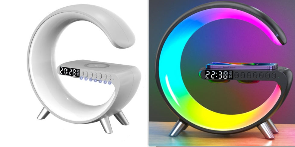 G-Shaped LED Lamp with Bluetooth Speaker & Wireless Charger, App-Controlled Ambient Light