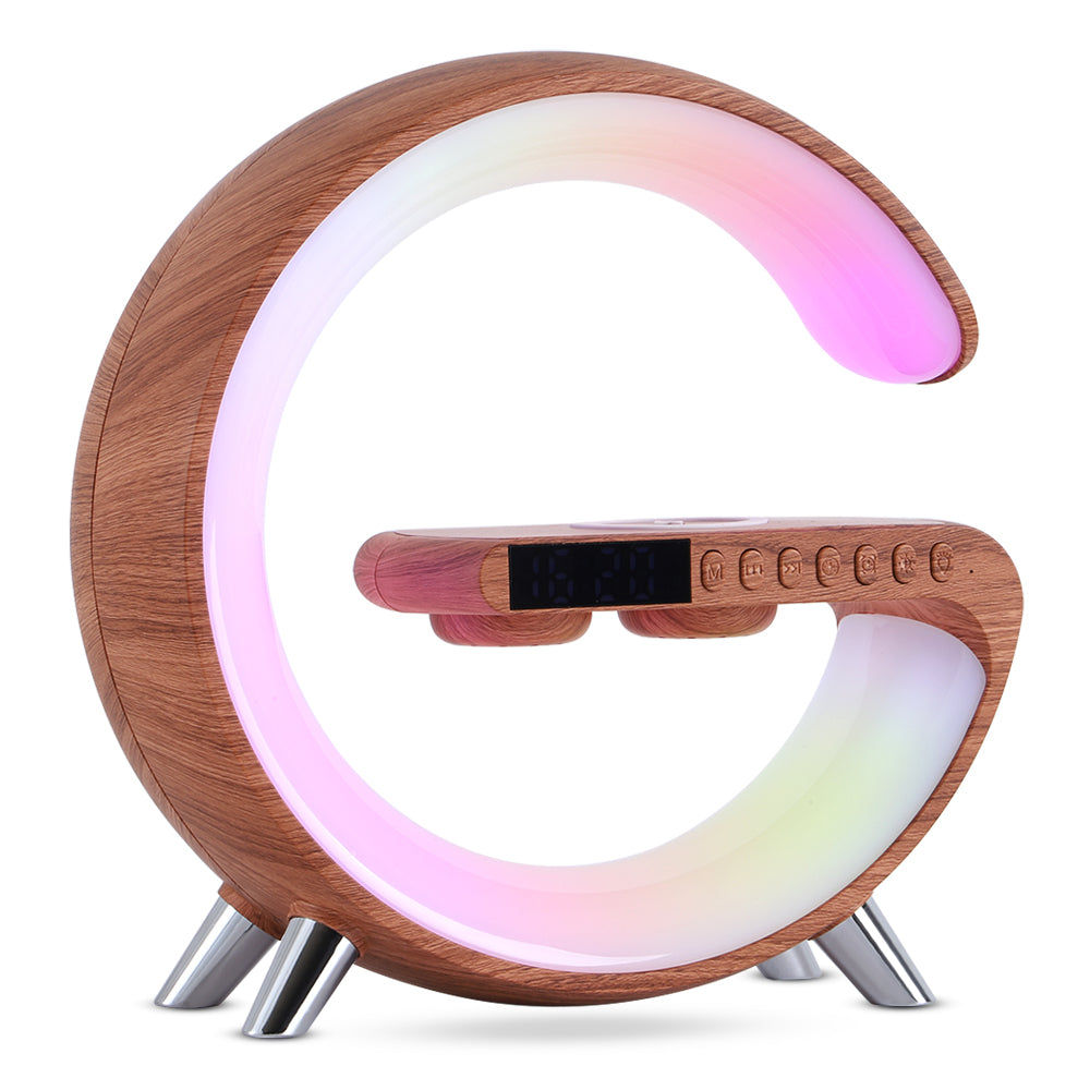 G-Shaped LED Lamp with Bluetooth Speaker & Wireless Charger, App-Controlled Ambient Light