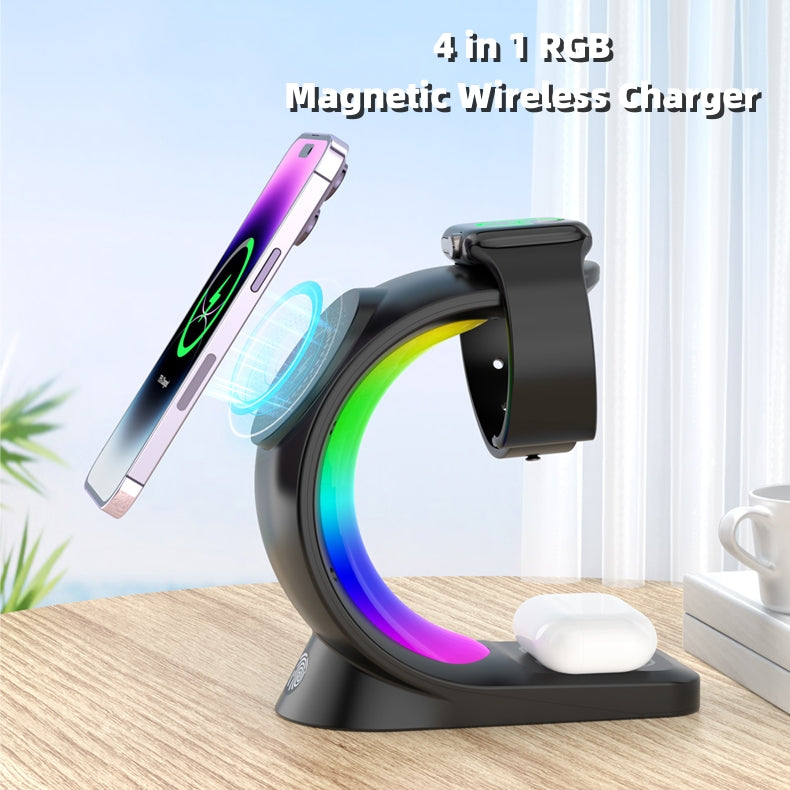 4-in-1 Magnetic Wireless Charger – Fast Charging with RGB Light for iPhone, AirPods & Watch