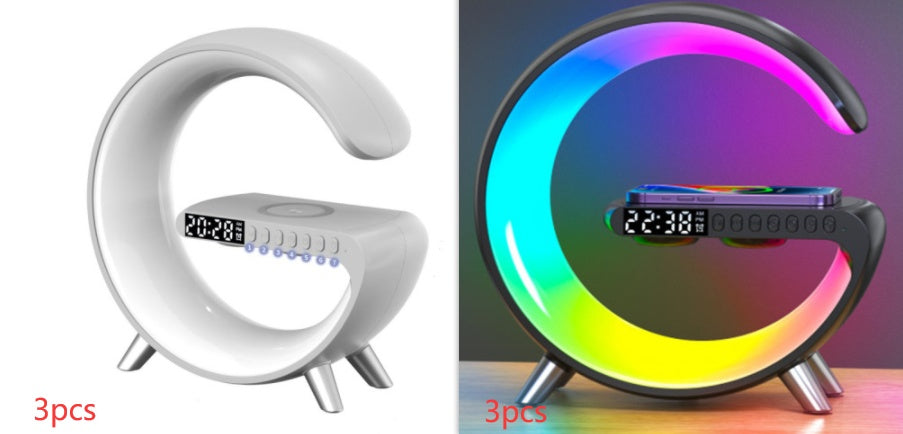 G-Shaped LED Lamp with Bluetooth Speaker & Wireless Charger, App-Controlled Ambient Light