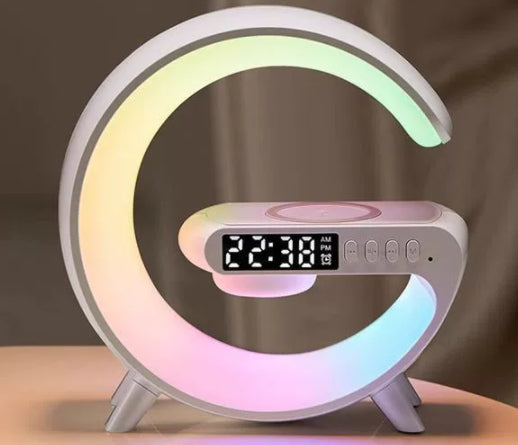 G-Shaped LED Lamp with Bluetooth Speaker & Wireless Charger, App-Controlled Ambient Light