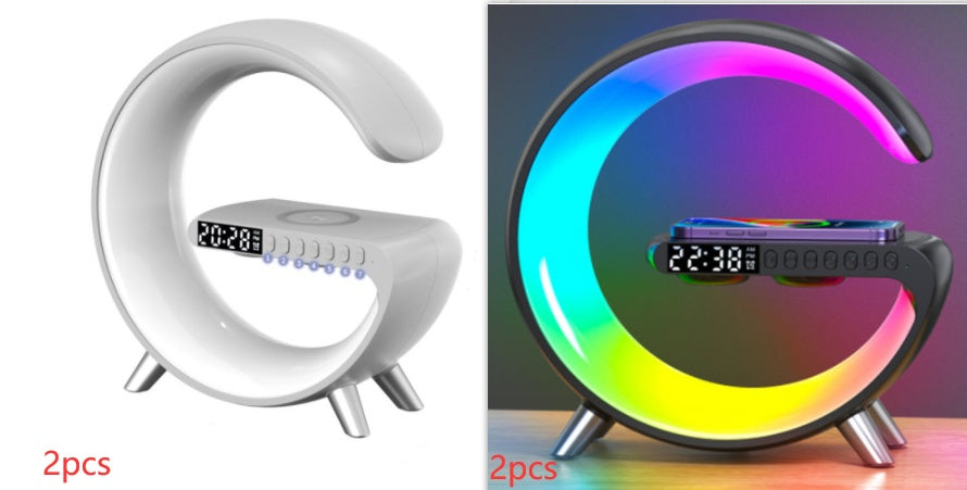 G-Shaped LED Lamp with Bluetooth Speaker & Wireless Charger, App-Controlled Ambient Light